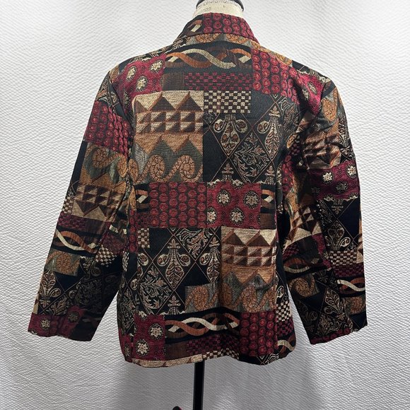 Vintage Tapestry Earth Tone Mandarin Full Zip jacket color blocked 2X - Picture 5 of 9